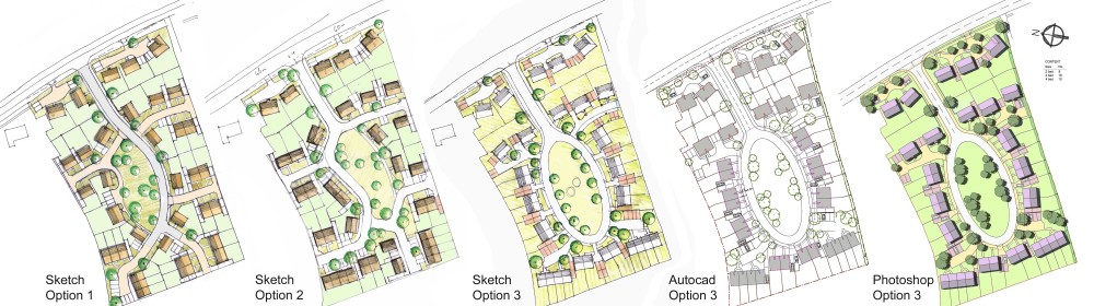 Sketch Autocad and Photoshop images for housing layout, Gloucestershire, 30 dwellings per hectare, medium density