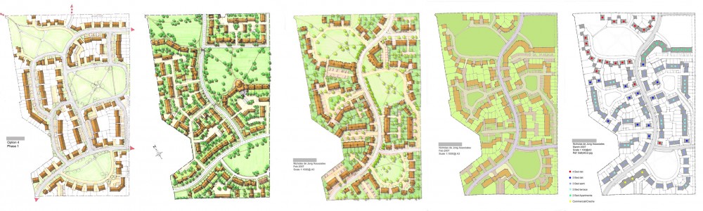 5 layout options, hand-drawn, town extension, planning