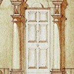 Classical doorway, hand drawn/coloured, Journeyman Draughting logo, Cheltenham