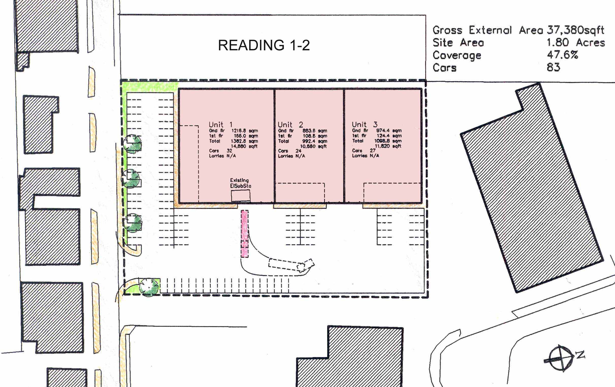 Parking layout, lorry turning, soft landscaping, 3 industrial units layout for valuation