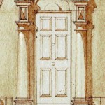 Classical doorway, hand drawn/coloured, Journeyman Draughting logo, Cheltenham