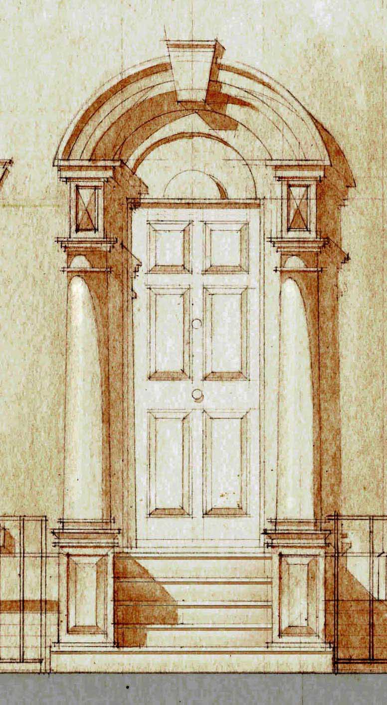 Classical doorway, hand drawn/coloured, Journeyman Draughting logo, Cheltenham